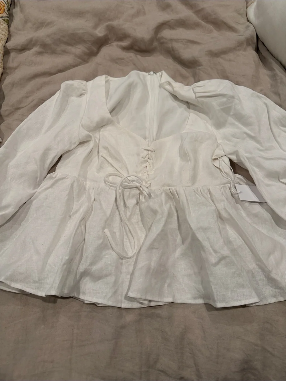 Reformation Linen Cream Peplum Tie-Front Blouse size 10